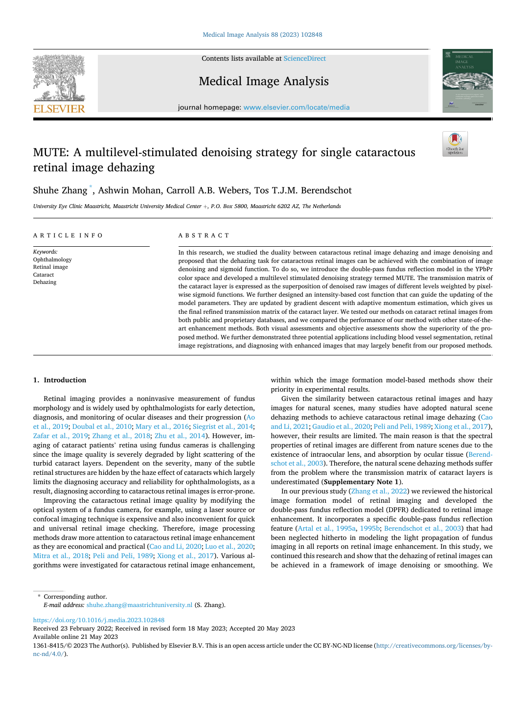 MUTE: A multilevel-stimulated denoising strategy for single cataractous retinal image dehazing 论文首页快照