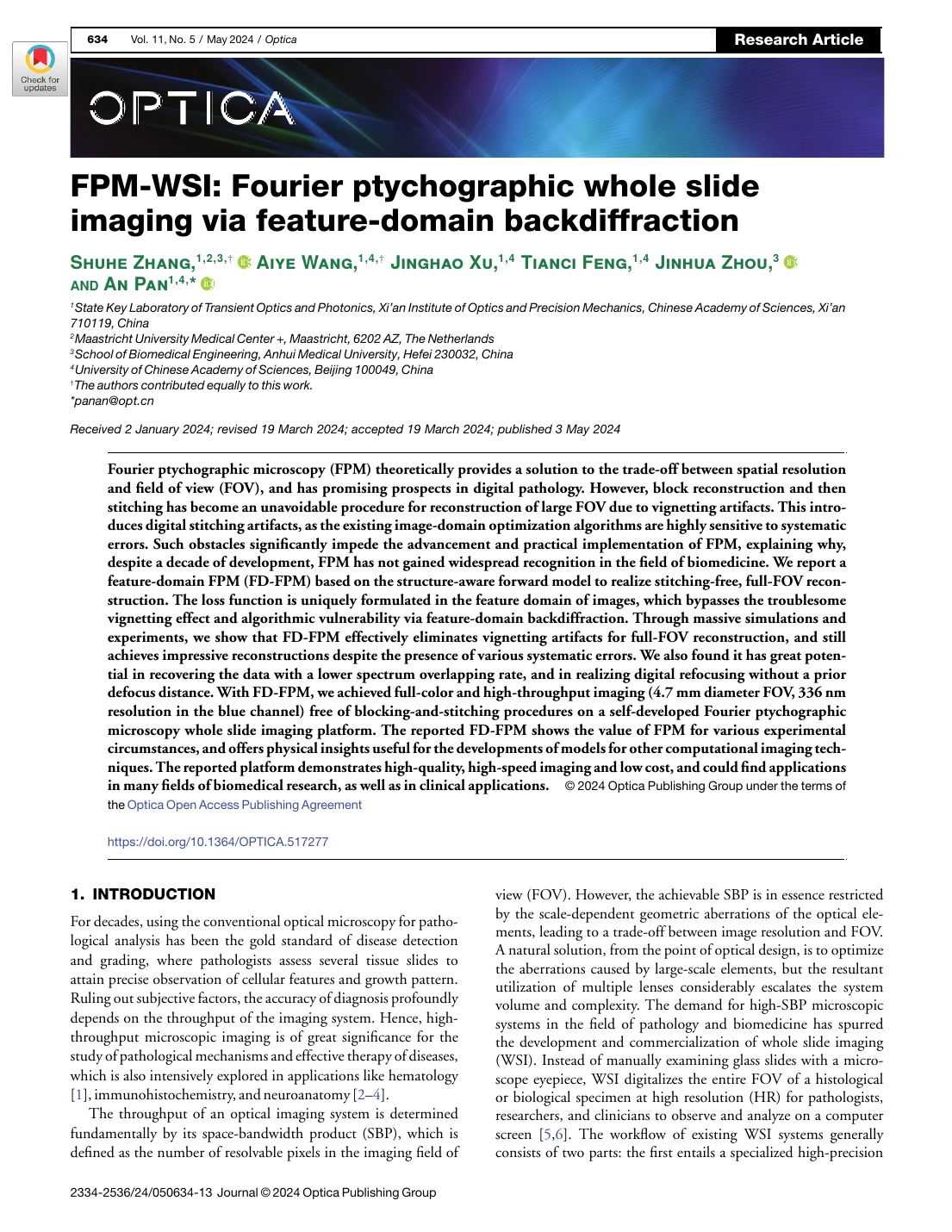 FPM-WSI: Fourier ptychographic whole slide imaging via feature-domain backdiffraction 论文首页快照