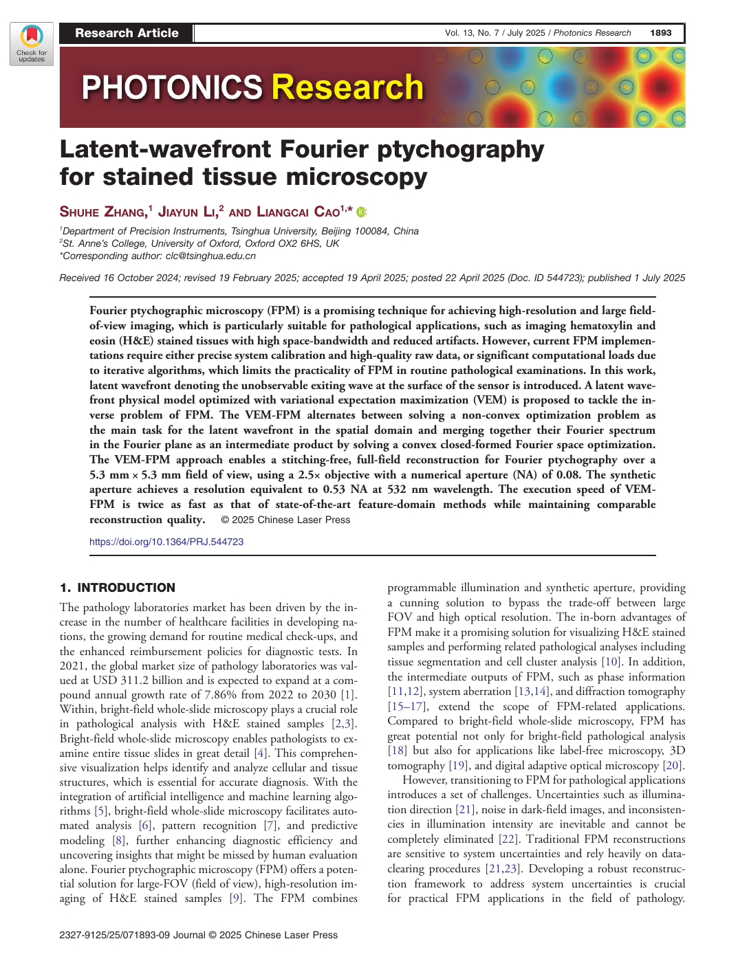 Latent-wavefront Fourier ptychography for stained tissue microscopy 论文首页快照