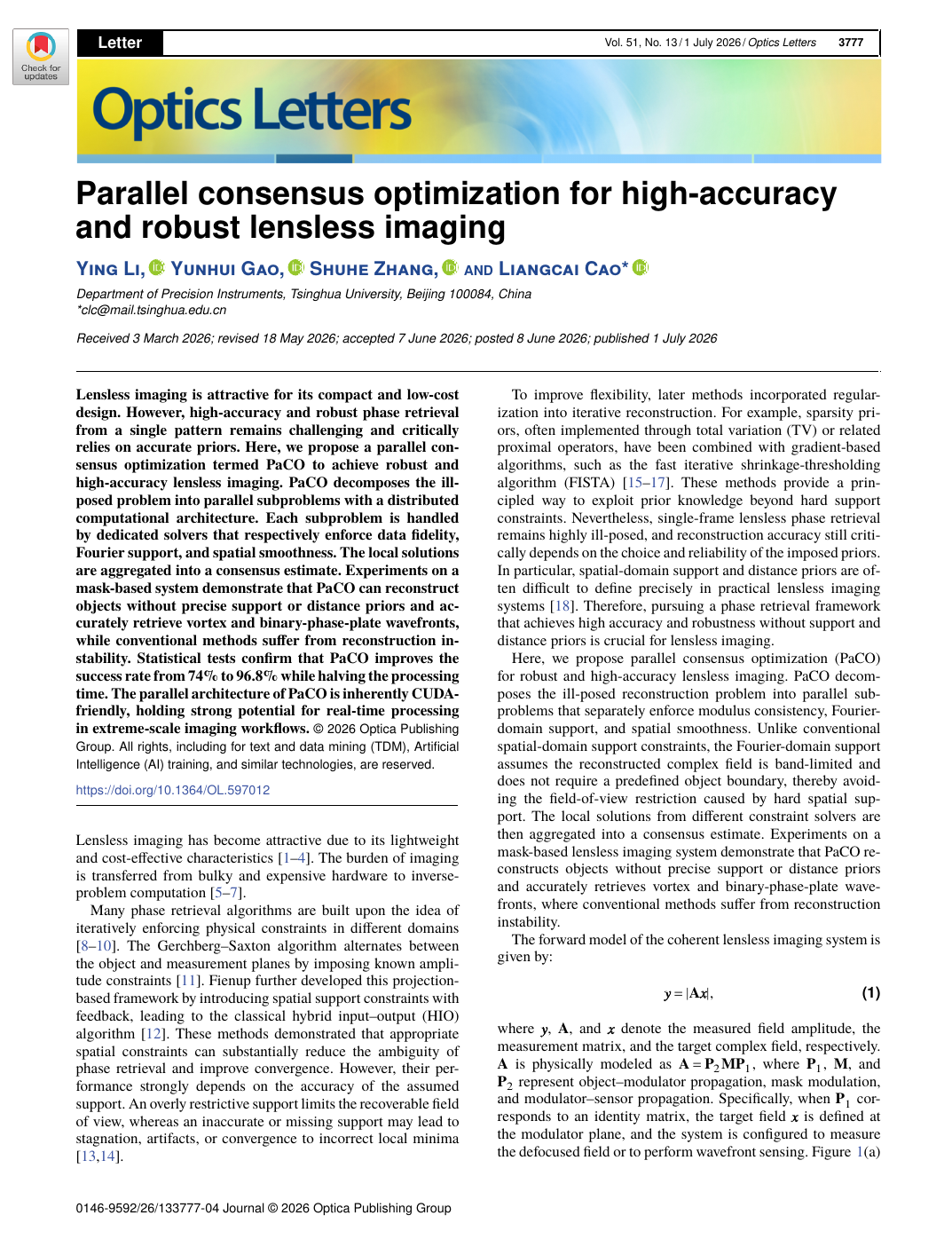 Parallel consensus optimization for high-accuracy and robust lensless imaging 论文首页快照