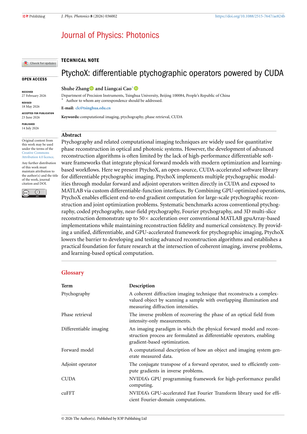 PtychoX: differentiable ptychographic operators powered by CUDA 论文首页快照