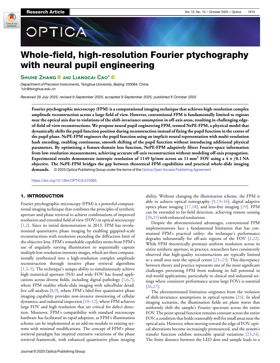 Whole-field, high-resolution Fourier ptychography with neural pupil engineering 论文首页快照